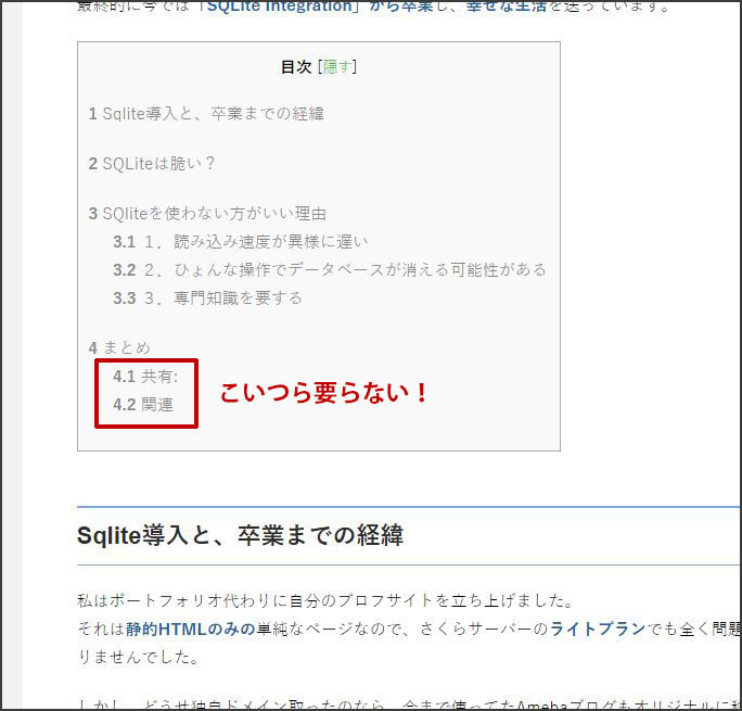 Table of Contents Plusで表示させた目次に「共有：」とかが入る。